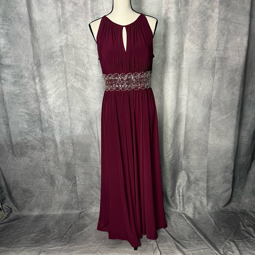R & M Collection Burgundy Floor Length Prom Bridesmaid Formal Dress with Beading